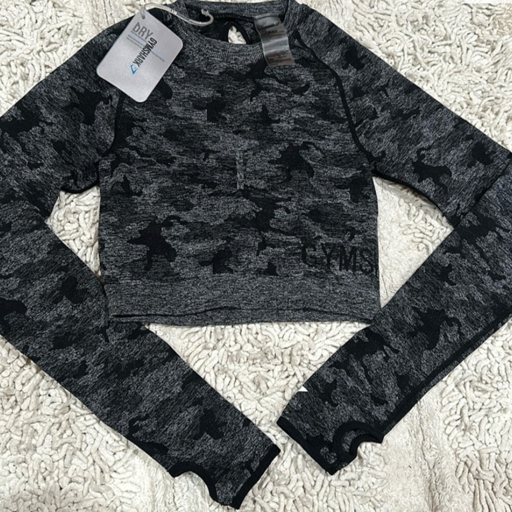 NEW Gymshark Black and Gray Camo Crop Top